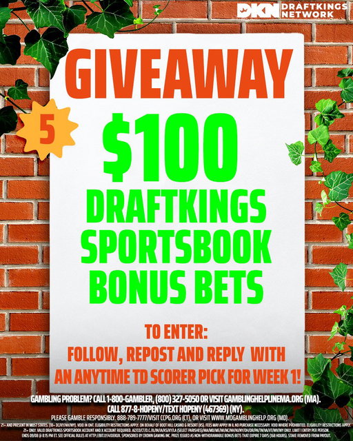 First Sunday of the 2025 NFL season? It's GIVEAWAY TIME ‼️

Five $100 @DKSportsbook bonus bets are up for grabs 👀

TO ENTER:
1) Follow @DKNetwork 
2) Repost this post
3) Reply with an Anytime TD Scorer pick for Week 1

Ends 9/8 8:15pm ET. T&amp;C: https://t.co/yb7FCErmtG 