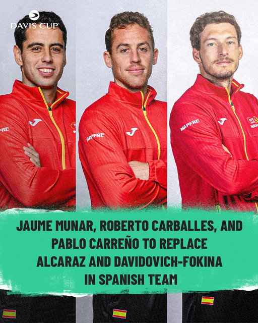 Update to Team Spain 🇪🇸

Jaume Munar, Roberto Carballés, and Pablo Carreño join David Ferrer's team after Carlos Alcaraz, fresh from winning his second US Open title, and Alejandro Davidovich, due to fatigue, are out. 