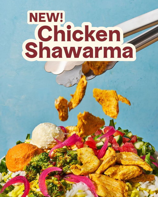 ‼️Introducing Chicken Shawarma ‼️Our take on an iconic Mediterranean dish, available for a limited time only. Enjoy juicy chicken breasts marinated in a signature spice blend, hand-stacked on a spit, and shaved thin, for a feel good moment of indulgence. 