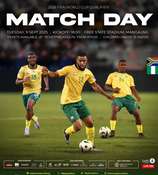 🚨MATCH DAY🚨

2026 FIFA World Cup Qualifier
Group C

⚽️ South Africa 🇿🇦 vs 🇳🇬 Nigeria 
🗓 9 September 2025
⏰️ 18h00
🏟  Free State Stadium, Bloemfontein
📺 SABC Sport

#BafanaPride

@SABC_Sport 