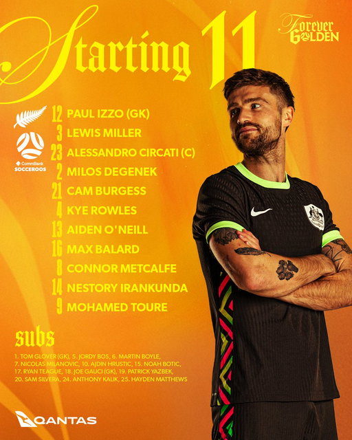 📋 Here’s how your CommBank #Socceroos line up vs New Zealand in Auckland.

©️ Circati with the armband 😍
🔄 Six changes to the #SoccerAshes first leg
👕 A debut for our away jersey

🇳🇿 v 🇦🇺 - 9.9.25, 5:00pm AEST
🏟️: Go Media Stadium
📱💻📺: Paramount+

#ForeverGolden #NZLvAUS 