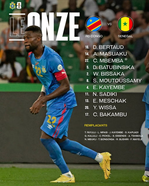 📢 𝐌𝐀𝐓𝐂𝐇𝐃𝐀𝐘 | RD Congo 🇨🇩 🆚 🇸🇳 Sénégal

🏟 Stade des Martyrs (Kinshasa)
🕔 Coup d’envoi à 17h (heure de Kinshasa) 
🏆 Éliminatoires Coupe du Monde 2026 – Groupe B

🐆 Le XI de départ des Léopards :
🧤 Bertaud – Mbemba (C) – Masuaku – Wan-Bissaka – Batubinsika – Moutoussamy – Sadiki – E. Kayembe – Wissa – Meschak – Bakambu

🔄 Remplaçants :
Fayulu, Mpasi, Kapuadi, G. Kalulu, Bushiri, Mayele, Tshibola, Pickel, Bongonda, Mbuku, Elia, Essende

🔥 ALLEZ LES LÉOPARDS ! 🐆💪🏾

#RDCsen #Mondial2026 #Éliminatoires #BendeleEkweyaTe #FecofaRDC