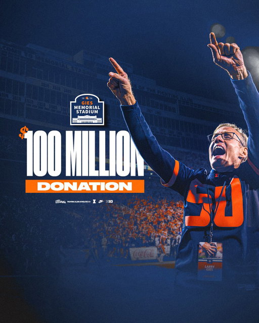 A transformational gift at a transformational time. 

University of Illinois alumnus Larry Gies has made a $100 million gift to the Illinois Division of Intercollegiate Athletics, the largest gift in the history of the department. In recognition of Gies’ contribution, Illinois’ Memorial Stadium will now be known as Gies Memorial Stadium. 

To read more about this transformation gift: https://t.co/ia1woR89d8