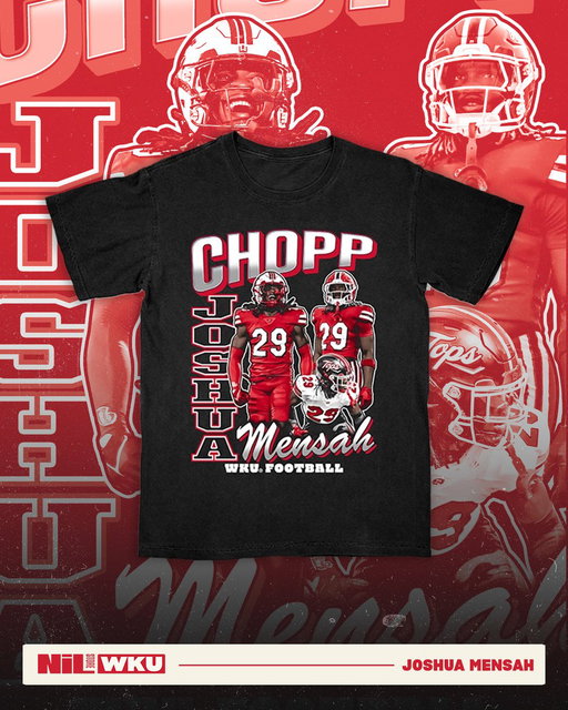 Rep #29 in style with the official Joshua Mensah “CHOPP” Tee!
Available now in black or red – a must-have for every WKU fan.

➡️ https://t.co/VMrYpA53aJ 