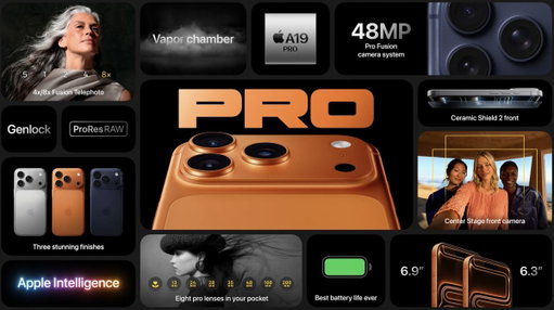 iPhone 17 Pro / Pro Max 
- A19 Pro, VC Cooling - 256GB+
- Aluminum, Ceramic Shield 2
- 6.3 &amp; 6.9-inch Display
- 120hz, AOD, Anti-Reflective
- 18MP Center Stage
- 48MP Fusion Main, UltraWide + Macro, Telephoto 4X~8X
- Dual Capture
- ProRes RAW 
- 33 &amp; 39hr VP battery
- Apple N1 