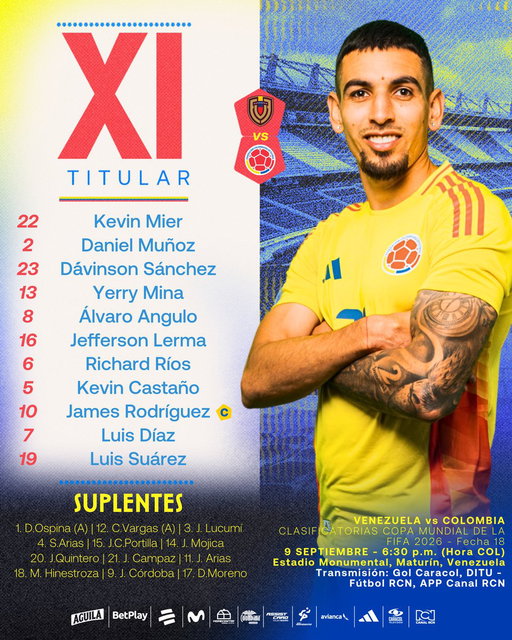 🚨 𝗧𝗜𝗧𝗨𝗟𝗔𝗥

Así formaremos para enfrentar a 🇻🇪 por las Clasificatorias a la Copa Mundial de la FIFA.

#LaSeleNosUne🇨🇴 