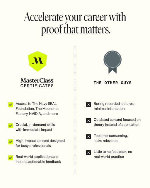You didn’t come this far to settle. When it’s time to move fast, who you learn from matters.

#MasterClassCertificates are built with leaders from:

- @MSCloud 
- @Theteamatx 
- @NavySEALfnd 
- @NVIDIAAI 

Designed for working professionals.

Skip the lectures. Skip the theory. Get proof you can use, faster.

Pre-Enroll Today: https://t.co/jorbgxdCBU