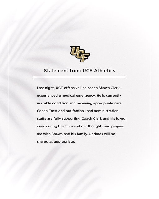 Statement from UCF Athletics regarding offensive line coach Shawn Clark: 