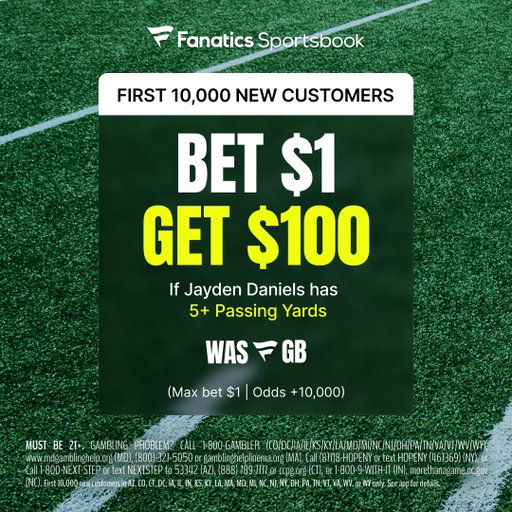 If you think Jayden Daniels records 5+ Passing Yards tonight, then head over to @FanaticsBook NOW! ⬇️

For the first 10,000 new customers, Fanatics is offering a "Bet $1, Get $100" if Jayden Daniels records 5+ Passing Yards. Click this link: https://t.co/0UiUakthE1 to lock in this offer before it's too late!