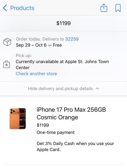 The iPhone 17 Pro Max in Cosmic Orange seems to have the highest demand this year!

Delivery dates already slipping to October &amp; not available in local Apple Store. 