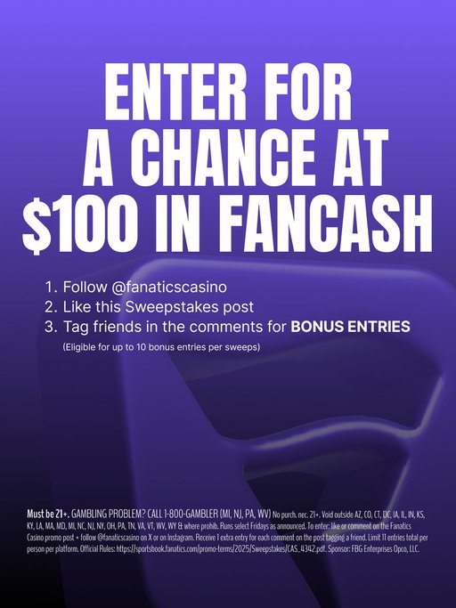You love #Fancashdroppromotion, play Spin to Win daily...now there's ANOTHER way to win FanCash on Fridays

Fanatics Casino is giving away $100 in FanCash to 5 lucky followers on X and IG

For a chance to win all you have to do is:

1️⃣ Follow @FanaticsCasino
2️⃣ Like this post
3️⃣ BONUS: Tag a friend in the comments and have them follow @FanaticsCasino
(limit 10 bonus entries per giveaway)

Entry ends at 11:59 p.m. ET 9/12/25. Winners will be notified by 11:59pm ET on 9/15/25.