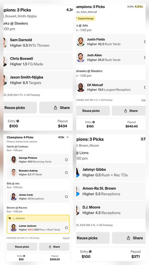 Sunday 1pm picks and a Ladder pick. (i'll post 4pm picks when 1pm games start) We had a great week 1. Let's see if we can do it again. @Zirksee 
Use code ZIRK+get $50 in funds after your first $5 entry! https://t.co/acAKAFLl7i 