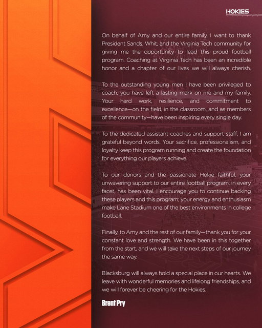 Message to Hokie Nation from Brent Pry: 