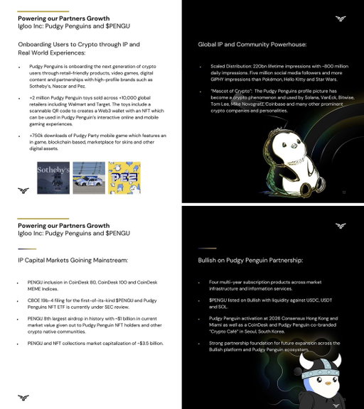 Pudgy Penguins &amp; $PENGU were just featured in the Q2 @Bullish ( $BLSH on @NYSE ) earnings report and call.

Take a look at these slides that were just shown to all of Wall Street. 

Institutions will huddle. 