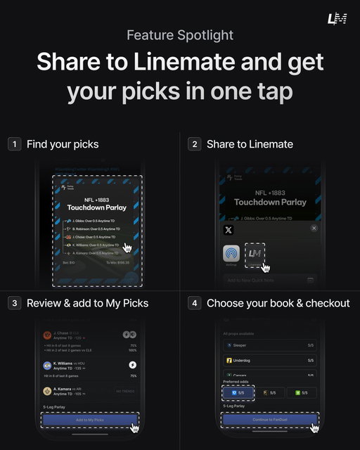 Turn any image into a bet slip! 🔥

🚨NEW FEATURE🚨

➡️ 1. Share your image to Linemate app
👀 2. Review trends & save to bet slip
💸 3. Choose your book & checkout

No more manual typing—just tap, share & bet smarter.

Try it now 👇
https://t.co/JFPMUUG0VG

Full video tutorial in the replies! 📽️

#GamblingX #GamblingTwitter