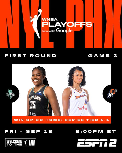 One game. One Playoff spot left. Who’s it gonna be? 👀

The @nyliberty face the @PhoenixMercury TONIGHT at 9pm/ET on ESPN2. Tune in to find out which team will advance to the Semi-Finals- a game you DON'T want to miss!

WNBA Playoffs presented by @Google 