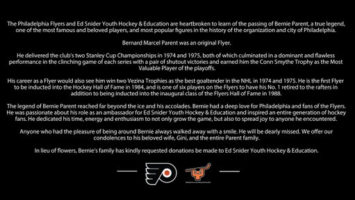 The Flyers and Ed Snider Youth Hockey &amp; Education are heartbroken to learn of the passing of Bernie Parent, a true legend, one of the most famous and beloved players, and most popular figures in the history of the organization and city of Philadelphia. https://t.co/Od28lVQHK8 
