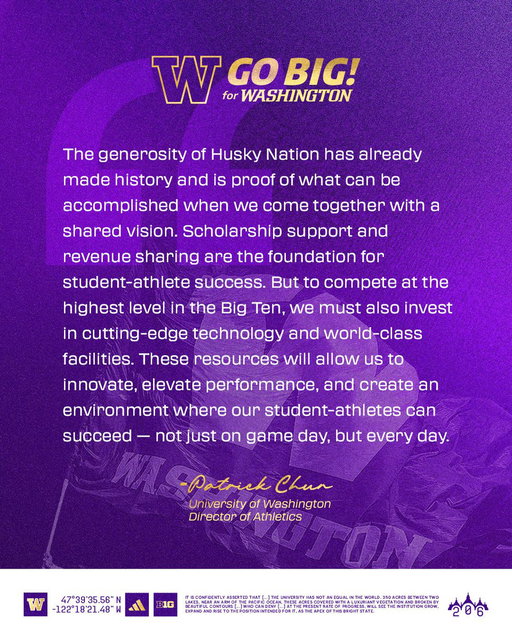 .@UWAthletics is expanding Go BIG! for Washington, raising the bar with a new $350M goal to support all 22 Husky teams and 600+ student-athletes.

📰 https://t.co/eNhqLEjlNf

#GoHuskies x #GoBigUW 