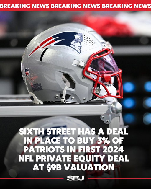 In its first investment under the 2024 NFL private equity policy, Sixth Street will acquire 3% of the New England Patriots, per sources 🏈

This is part of Kraft’s plan to divest 8% of the franchise, now valued at over $9B. Approval expected Oct. 21-22.

MORE: https://t.co/7I0d1LTXTM