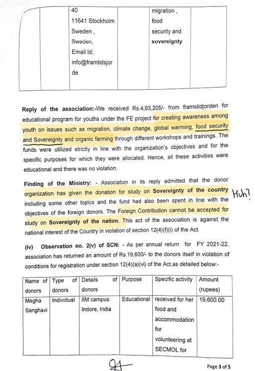 Amazing story of the jokers of the Home Ministry under Amit Shah

Yesterday, the Home Ministry cancelled the FCRA license of Ladakh-based Sonam Wangchuk’s NGO. 

Now check out Page 3 of the cancellation order to realize the STUPIDITY of the Modi Govt

👉 Wangchuk’s NGO says a donation was received for awareness on “food security & sovereignty”

The term “food sovereignty” refers to “a food system in which the people who produce, distribute, and consume food also control the policies of food production and distribution”

Basically, it means that people having the right to decide how their food is grown

And what did the jokers at the Home Ministry do? 

👉 Home Ministry turned “awareness on food security & sovereignty” into “study on sovereignty of India”

This makes ZERO sense. Like ZERO SENSE. 

This is how vendetta works. The word “food sovereignty” used by the NGO was bizarrely turned it into “sovereignty of India” by the Modi Govt to cancel their FCRA license. 

Even a school student will realize how STUPID it is to read “food sovereignty” as “sovereignty of the nation”. 

This is why our national security under Amit Shah has become a joke. The agencies of the Modi Govt are not interested in protecting the nation. 

Instead, Modi’s agencies will brazenly use the dumbest explanations in order to frame & target those who oppose Modi-Shah.