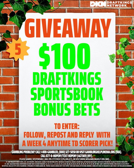 Who wants a GIVEAWAY?!

Five $100 @DKSportsbook bonus bets are up for grabs 👀

TO ENTER:
1) Follow @DKNetwork
2) Repost this post 
3) Reply with an Anytime TD Scorer pick for Week 4

Ends 9/28 8:20pm ET. T&amp;C: https://t.co/X3fgbSONgT 
