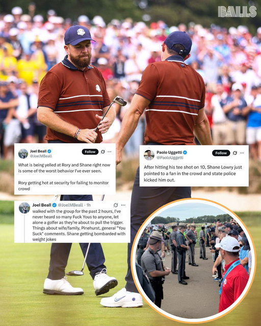 US golf journalists walking with the Shane Lowry/Rory McIlroy foursome group at the Ryder Cup this evening seemed legitimately stunned by the behaviour by the home fans.

State troopers have been called in to keep the peace while Lowry has had a number of US fans ejected, according to reports. 

pic by Paolo Uggetti of ESPN.