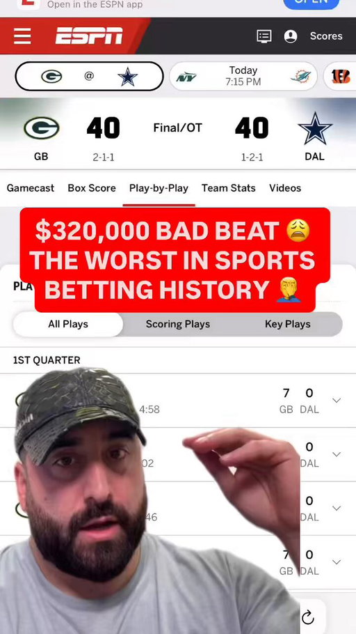 Tonight I experienced the worst bad beat in sports betting history and no one on this platform will convince me otherwise.

When you factor in the combination of the total upside in dollars ($320k) and the fact that Tucker Kraft got tackled on the one foot line twice in one game, I don’t think I have seen anything worse. 

Tell me if you disagree but give me an example of a worse one if you do