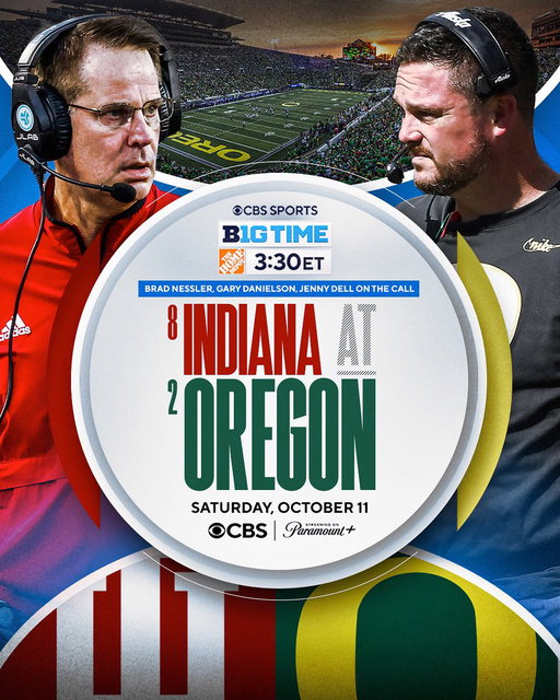We’re coming to Autzen Stadium for a B1G Time Top-10 showdown.

No. 8 @IndianaFootball travels to Eugene to take on No. 2 @OregonFootball on Saturday, October 11.

3:30PM ET on @CBS and @paramountplus 