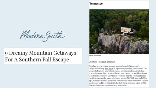 Just featured in Modern South’s list of “9 Dreamy Mountain Getaways”! 🍁

The article highlights our floating mirror cabins, forest-immersed treehouses, and our cliffside Wellness Haven - designed for intentional reconnection and set against the backdrop of Tennessee’s most breathtaking mountaintop views.

As fall bookings continue to fill months in advance, we’re honored to see Bolt Farm recognized for what it is: a destination that’s redefining the art of outdoor hospitality.

📌 Read the full feature: https://t.co/eQ2b7QTWdq