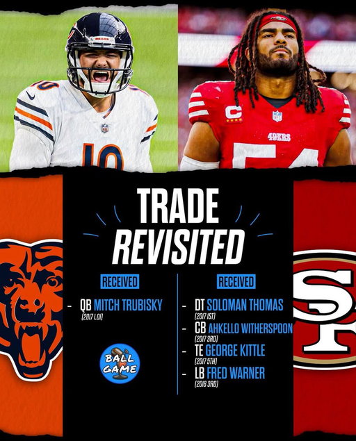 Mitch Trubisky for two hall of famers🤯

Easily the best trade John Lynch has made as the #49ers GM. 

@BallGamePod_ 

#FTTB 