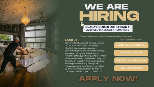We're hiring a Licensed Massage Therapist at Bolt Farm Treehouse! 📣

If you’re passionate about wellness, skilled in creating restorative spa experiences, and thrive in a peaceful, nature-immersive environment - this could be your dream role.

Why you’ll love it here:
✨ Competitive base pay + bonuses
✨ 20% guaranteed gratuity
✨ Growth-minded, AI-first company
✨ Wellness-first culture
✨ Free stays + team incentives

We’re building something special - and if that excites you, we’d love to connect.

📌 Apply now: https://t.co/RhdCwpZME2

👇 Know someone perfect for this? Tag them in the comments or send them this post! If we hire your referral, you could earn up to a $500 referral bonus.