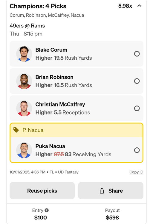 Getting these out now before anything moves worse. CMC hits catches 1st half then rams up big 2nd half and Corum and Robinson get the bulk late. Just my opinion. @Zirksee 
Use code ZIRK+get $100 in funds after your first $5 entry! https://t.co/acAKAFLl7i 