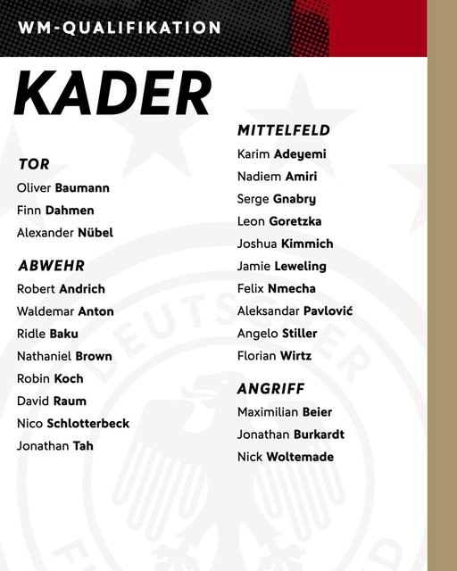 Unser Kader für die kommenden WM-Qualifikationsspiele gegen Luxemburg und in Nordirland 🇩🇪

#dfbteam 