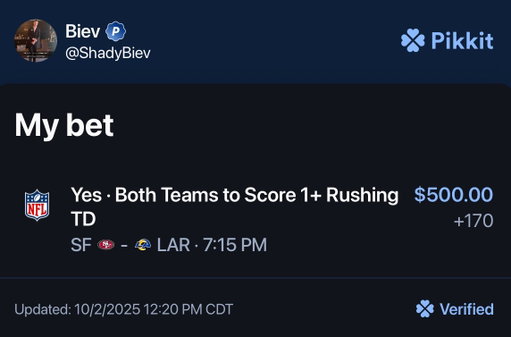 🚨 PLAY OF THE YEAR 🚨

Both teams to score a rushing TD (+170) on DK

We’ve smacked 3/4 of these type of bets and this one is by far my favorite at +170. Instead of parlaying Kyren &amp; McCaffery this gives us Corrum, Puka, Stafford &amp; Jones etc to get in the end zone. 

Let’s ride! 