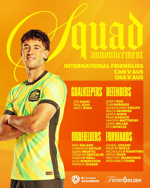 The CommBank #Socceroos squad for our North America tour is here! 🇦🇺🇨🇦🇺🇸 

📋 Tony Popovic has named a 25-man squad for our October FIFA International Window matches against #FIFAWorldCup hosts Canada and the USA starting next week.

📰 Details: https://t.co/ZdmWLZ8ClV

#ForeverGolden