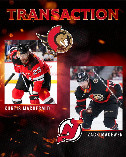 TRADE: We have acquired Kurtis MacDermid from the New Jersey Devils in exchange for Zack MacEwen.

Les #Sens font l'acquisition de l'ailier Kurtis MacDermid du New Jersey. 