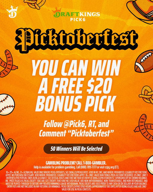 Brats, Hops, and Bonus Picks. 😈

🍺 Follow @Pick6
🥨 Retweet
🌭 Reply w/ “Picktoberfest”.

50 Winners. 🤝 