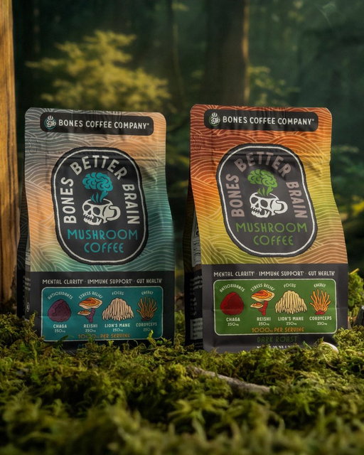 🍄‍🟫 NEW MUSHROOM COFFEE 🍄‍🟫

We've infused our premium coffee with fruiting body mushroom extracts creating... Bones Better Brain! 🧠⚡️It can help with immune support, promotes stress relief, maintains mental focus and natural energy! 

Available Now in Dark & Medium Roast! 10oz Ground Bags Only.