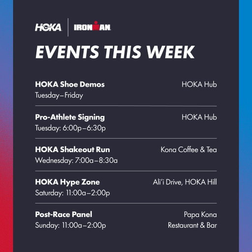 Join Team HOKA at the IRONMAN World Championships in Kona! Test the latest and greatest innovation, connect with community and celebrate athletes all week long. 

RSVP and event details here:https://hokaironmankona2025.splashthat.com/?utm_source=twitter&amp 