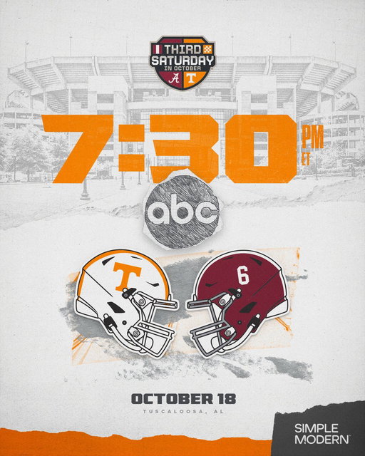 Game time is set for The Third Saturday in October

at Alabama
🗓️ October 18
⌚️ 7:30pm ET 
📺 ABC
📍 Tuscaloosa, AL 