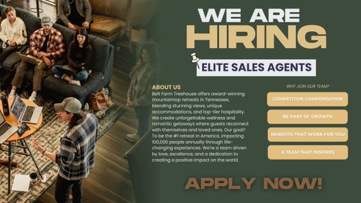 At Bolt Farm Treehouse, we don’t just offer luxury stays, we create once-in-a-lifetime experiences that change the way people connect with each other and with themselves.

That’s why we’re building an elite phone sales team. The kind of high performers who can match the caliber of a world-class hospitality brand.

We’re looking for:
🎯 Emotionally intelligent closers
📞 Top 1% communicators
💼 Hospitality-driven performers who don’t miss follow-ups

This isn’t for everyone. It’s for people who want to operate at the top of their game and be rewarded for it.

💸 Referral Bonus: Know someone perfect? Send them our way. If we hire them, you could earn up to $1,000.

📍 Full-time | Remote | Commission + Bonuses
🧠 AI-first company | Human-first experiences
👉 Apply here or tag someone who’s ready to step up: https://t.co/WlTjrvuA8J