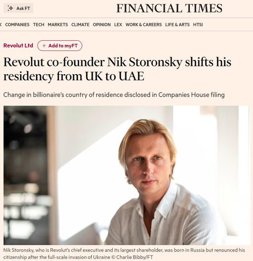 If I was Nik I would have absolutely made the same decision. 

18% holding of Revolut. 

Company will be worth $200BN without a doubt. 

$36BN position at that price. 

His cap gains bill alone would be $8BN-$10BN. 

Now in the UAE it will be $0. 

The Labour government has to realise we are in a global war for talent. 

Sad and mega loss for the UK.