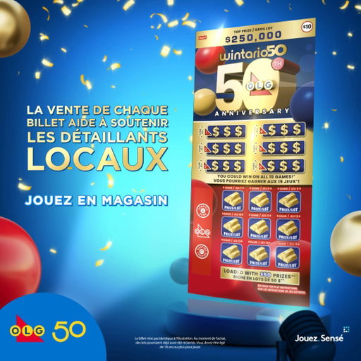 Célébrez le 50e anniversaire d’OLG avec notre nouveau billet INSTANT à 10 $! 🎉 Offrant des gros lots de 250 000 $ et beaucoup de lots de 50 $. 🤑 Chaque billet vendu soutient les détaillants locaux. Jouez en magasin aujourd’hui! 