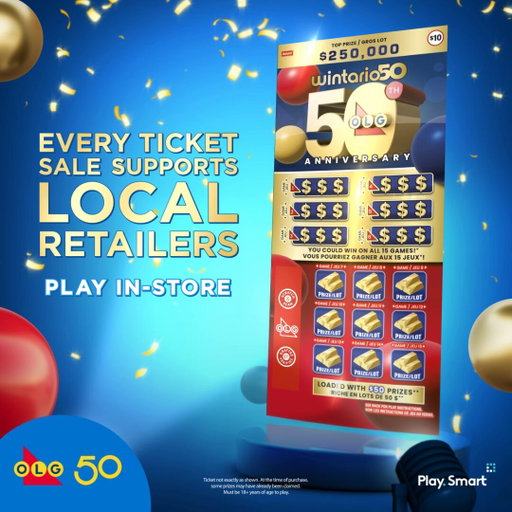 Celebrate OLG’s 50th Anniversary with Our New $10 INSTANT Ticket! 🎉 Featuring $250,000 top prizes and loaded with $50 prizes! 🤑 Every ticket sale supports local retailers. Play in-store today! 