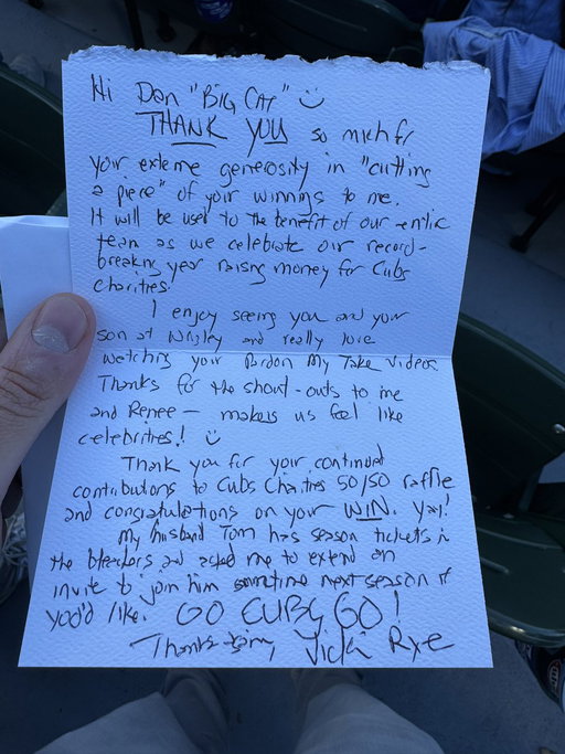 Better than a Big Check, Vicki the woman who comes to my seats every game to sell me tickets gave me this note before the game. #Somethings. Love my 50/50 Ladies! 