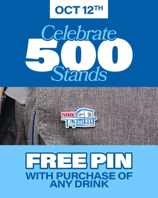 500 stands & 500 reasons to celebrate 🥳 This Sunday, 10/12 we're throwing a party for YOU! Stop by ANY location and receive a FREE 500th Stand Pin with any drink purchase. We couldn't have reached this milestone without your support 💙 

Offer valid only on 10/12/25. One free 500th Stand Pin will be provided with any drink purchased, while supplies last.
