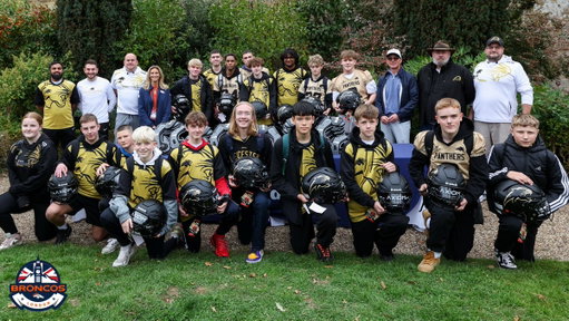 Broncos Owners Greg Penner and Carrie Walton Penner surprised the Leicester Panthers tackle football team with brand-new ALL IN. ALL COVERED. @RiddellSports Axiom helmets &amp; other gear at today’s practice in London. 👏 