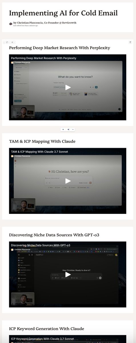 I created a free mini-course covering how to use AI for cold email.

From deep market research to AI script writing, this course covers our top use cases of AI we’ve used to generate 10,000+ leads for our clients.

Here's exactly what this free course will cover:

> Performing deep market research with GPT-o3 & Perplexity
> TAM & ICP mapping with GPT-o3
> Discovering niche data sources with Perplexity
> ICP Keyword generation with Claude 4 Sonnet
> Campaign strategy development with GPT-o3
> Outbound messaging creation with Claude 4 Sonnet
> Email personalization at scale with GPT-4o-mini

Want to get your hands on it?

👉 Comment "AI" and I'll DM you the link directly 

(Must be following to receive)