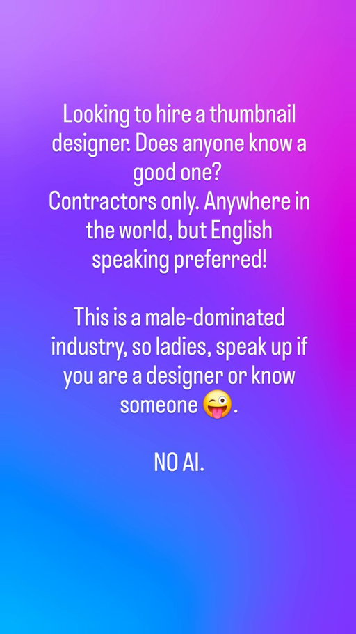 It's time to hire a thumbnail designer! I've been doing my own thumbnails since I started my career and it's so much work. Please send me recommendations! 