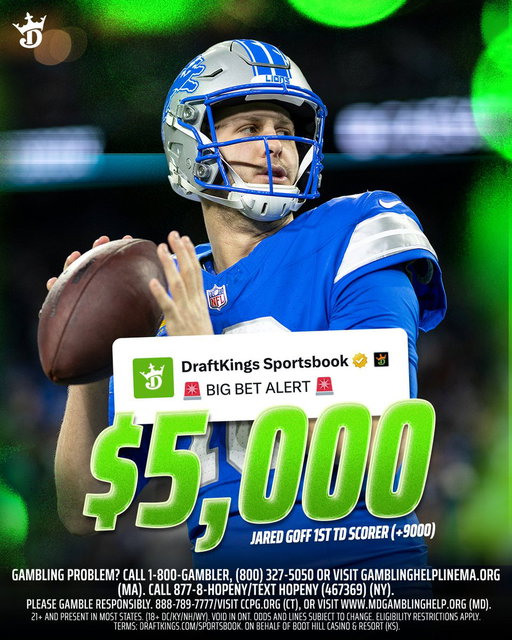 🚨 BIG BET ALERT 🚨

A bettor has placed $5,000 Jared Goff 1st TD Scorer (+9000) on Sunday Night Football 👀

Possible Win: $450,000 💰 